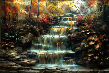 stained glass waterfall in autumn forest