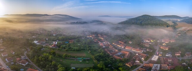 High angle panorama during misty morning in south moravia, Czech republic