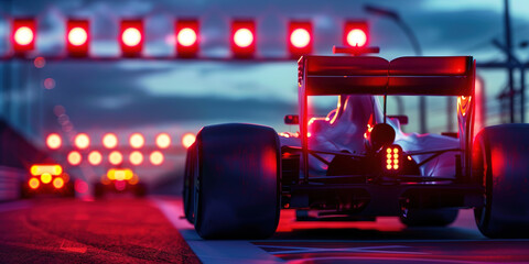 Race car on track at dusk with illuminated starting lights and vibrant colors.