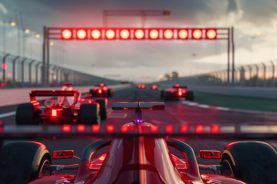 Race cars lined up at the starting grid, with red lights overhead signaling the start of the race.