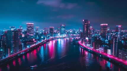 Dynamic neon-lit skylines showcasing the hustle and bustle of city life against a pristine white canvas - obrazy, fototapety, plakaty