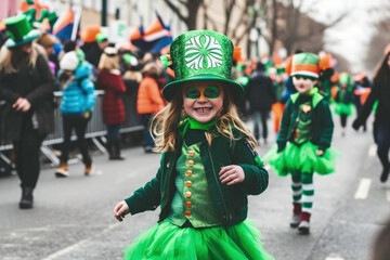 St. Patrick's Day Parade. Portrait of a girl participating in a parade dressed as a leprechaun