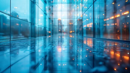 Fototapeta premium Abstract Window of Modern Business Office Building with Blurred Glass Wall for Business Concept Background. Perspective View, Aerial Shot, Blurry Corporate Workspace. Blue-Toned Abstract Window.4k