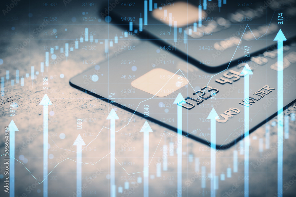 Poster close up of bank card with growing blue vertical arrows and candlestick forex chart on blurry index 