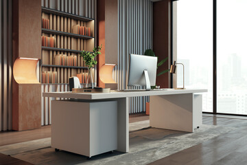 Contemporary designer coworking office interior with panoramic window and city view. 3D Rendering.