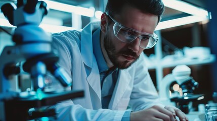 Biologist in a laboratory, curious, examining a microscope slide, focused, styled as high-key minimalistgraphy.