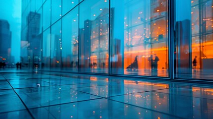 Abstract Window of Modern Business Office Building with Blurred Glass Wall for Business Concept Background. Perspective View, Aerial Shot, Blurry Corporate Workspace. Blue-Toned Abstract Window.4k 

