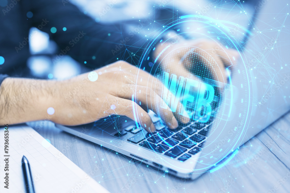 Aufkleber close up of male hands using laptop with glowing web hologram on blurry desk background. metaverse a