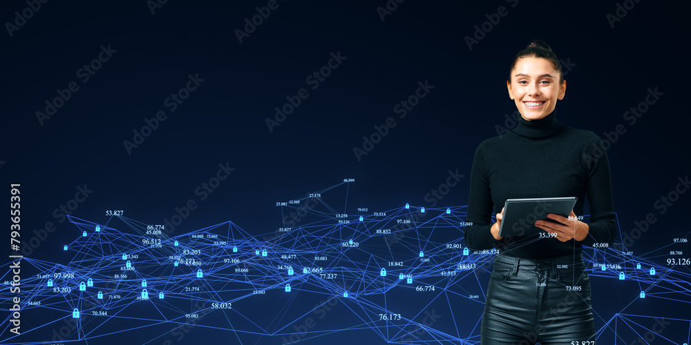 Poster happy young woman using tablet with creative polygonal mesh on blue background with mock up place. b