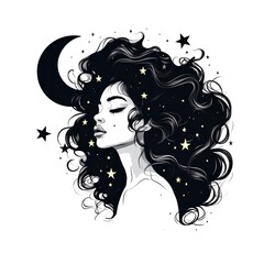 Beautiful woman with long curly hair and stars. Vector illustration.