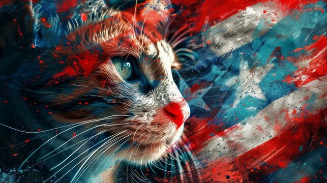A close up of a cat's face with red, white and blue paint splattered on it.