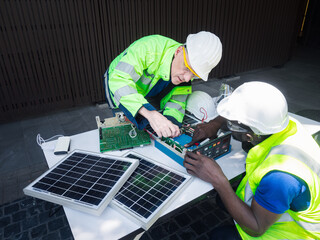 Two professional solar cell engineers wearing safety vest and hardhat are testing the photovoltaic cells module. The technician checks the maintenance of the solar panels. - obrazy, fototapety, plakaty