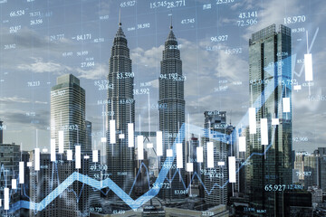 Creative blue candlestick forex chart and growing arrow on blurry city backdrop. Trade, finance and...