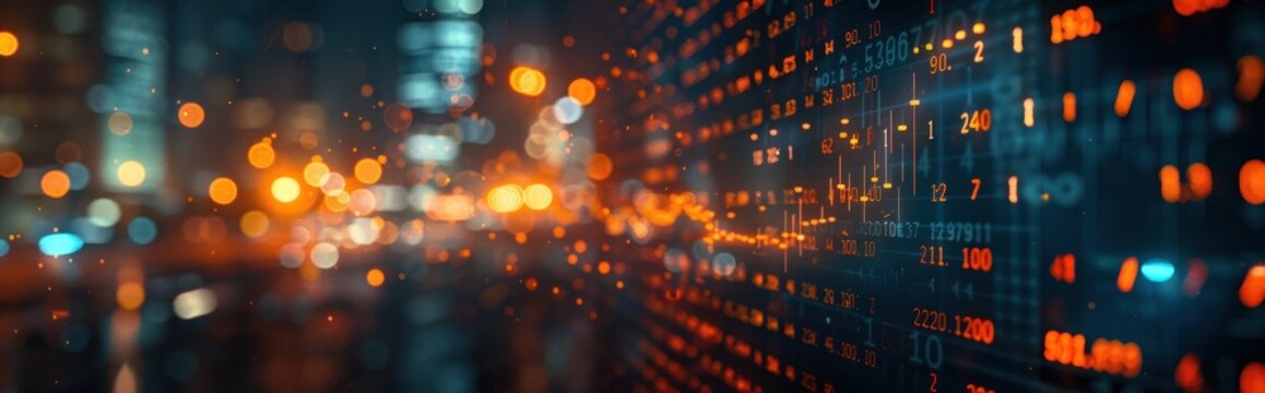 Stock market background with orange graph and numbers on digital screen, banner for financial themes