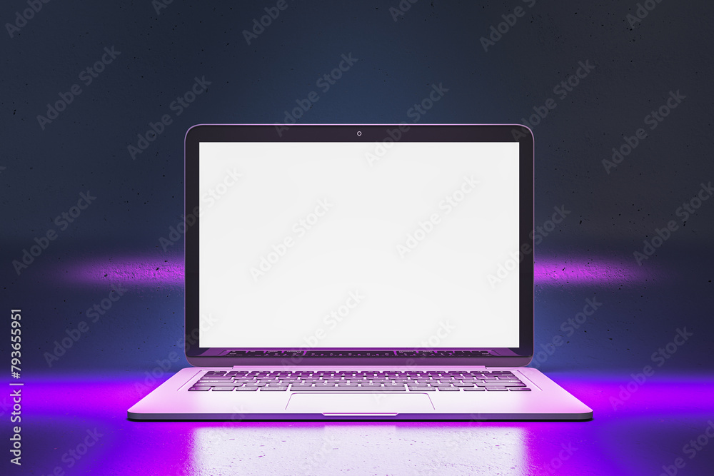 Poster close up of creative neon purple light gaming laptop with empty white mock up screen. 3d rendering.