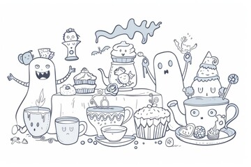 Cartoon cute doodles of a ghostly tea party with spectral guests enjoying ethereal treats and beverages, Generative AI