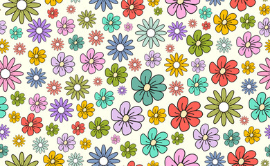 Funny Groovy seamless pattern in trendy retro style. Y2k collection. Retro y2k style. Retro hipster y2k pattern. Groovy seamless patterns with Daisy Flower. Floral naive vector pattern in Hippie 70s  