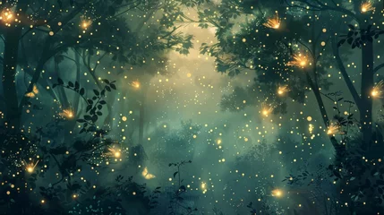 Foto op Canvas Ethereal firefly illustrations transporting viewers to enchanted forests filled with twinkling lights on white © Cloudyew