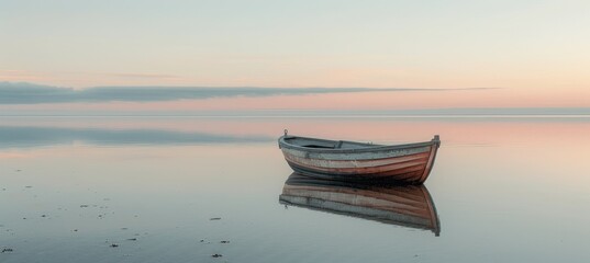 Tranquil sunset seascape with empty wooden rowboat on calm waters under serene skies