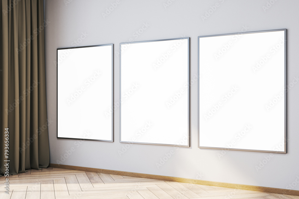Aufkleber modern interior with empty white mock up banners on wall, curtain and sunlight. 3d rendering.