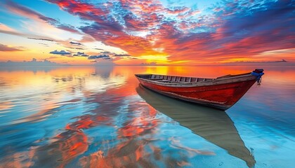 Tranquil sunset sea view with empty wooden rowboat on calm waters, peaceful nature scene