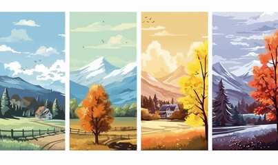 Set of four seasons backgrounds, banners. Winter, spring, summer, autumn nature landscapes. Colorful backdrops, covers with trees, mountains, village houses.