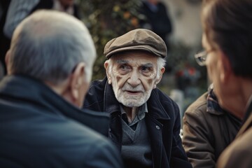 Old man with a beret on his head talking with a friend