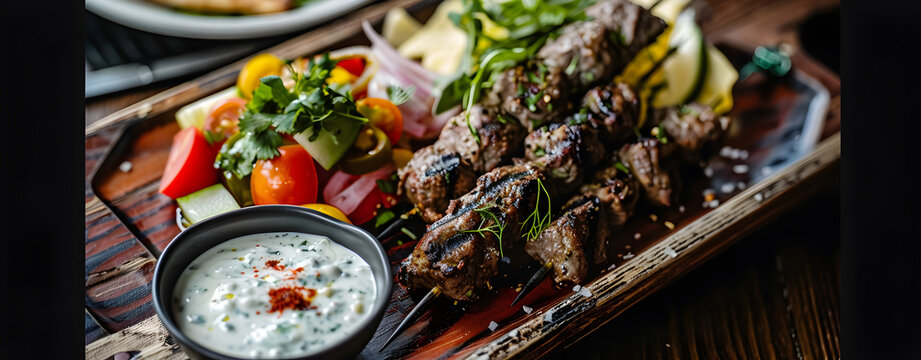 Traditional  shashlik on a barbecue skewer with farmer salad and tzatziki as closeup on a wooden cutting board. 
