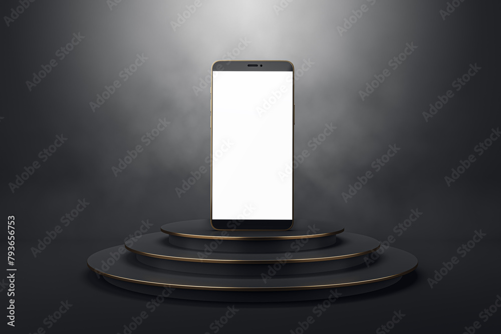 Poster Empty gray background with round stairs pedestal and mock up place for white smartphone. Ad concept. 3D Rendering.