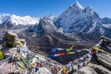 Superb view over Himalayas and Ama dablam with tibetian prayer flags