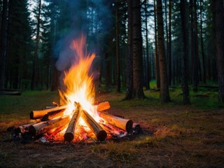 Bonfire in the forest, in summer.