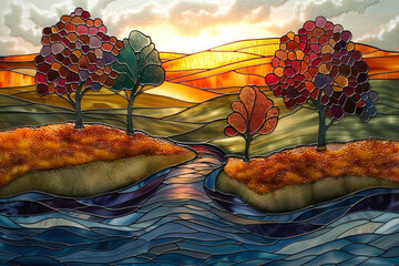 stained glass window with a river in the background using the Leadlight technique
