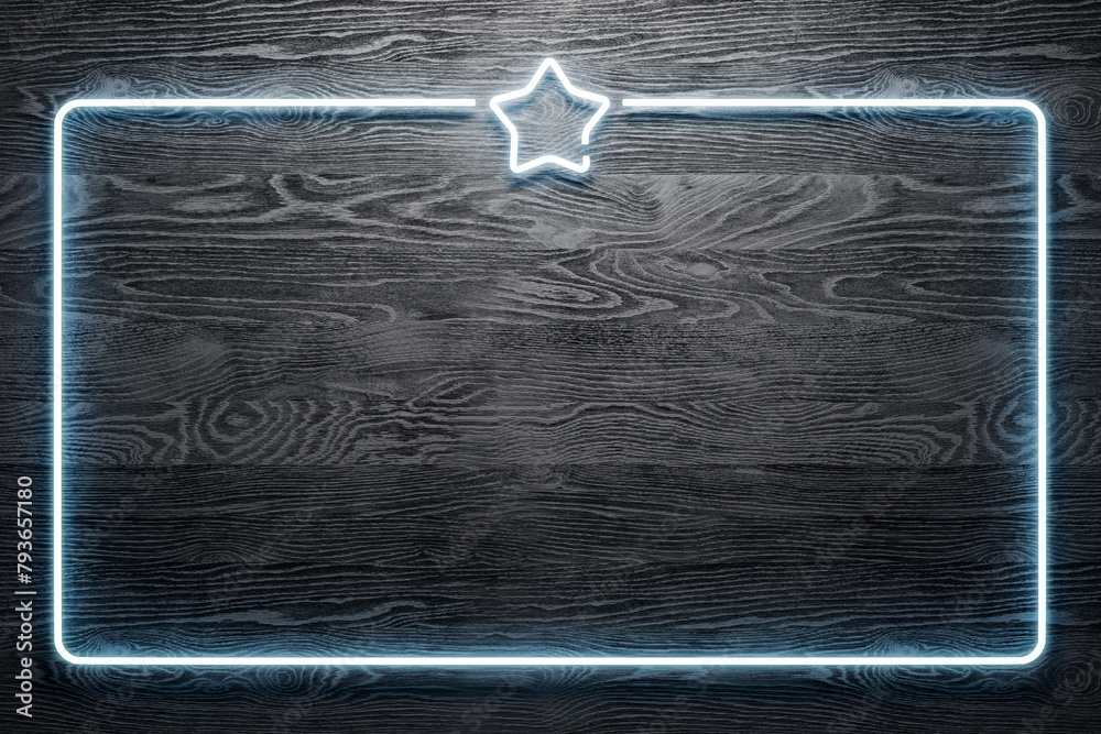 Poster Abstract black wood banner with glowing retro stars and mock up place. Party and event concept. 3D Rendering.