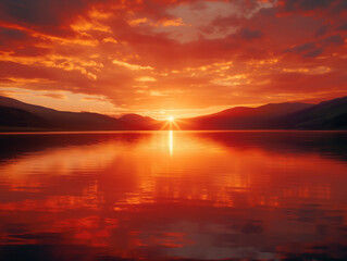 Fototapeta premium Golden sunset sky, red sunset reflecting over the lake, mountains in the distance.
