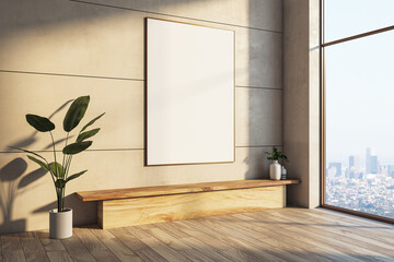 Modern interior with blank white mock up poster on concrete wall, decorative plants, wooden bench and window with city view and sunlight. 3D Rendering.