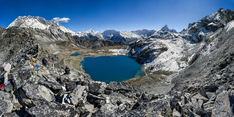 Magical view over glacial lake from Kongmala pass in Khumbu, Nepal, 