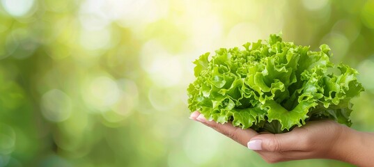 Hand holding fresh lettuce leaves, selective display on blurred background with text space - Powered by Adobe