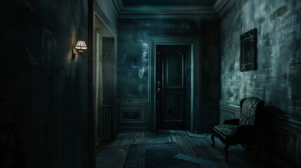 a dark creepy bedroom with light shining through the window, abandoned and dusty furniture, creepy...