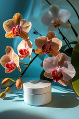  small can of white moisturizer on a pastel blue background. A minimalist background, a few orchids , and an ethereal atmosphere