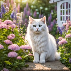 A lovely cat in the charming cottage garden. Good for books or articles illustration, calendars design, items background design such as tote bags, cards, boxes, or even cups.