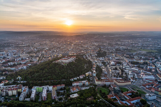 Aerial stunning view of Brno city centre with Spilberk castle and Petrov church during sunrise