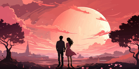 Couple sweet playing romantic scenery pastel vector illustration in concepts cute kawaii anime manga style