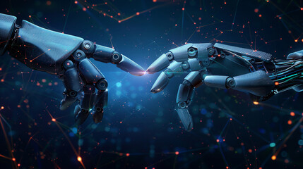 3d rendering humanoid robot hand touching human finger with connection lines on dark background. AI.