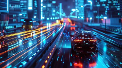 Futuristic scene showcasing AI algorithms predicting and preventing traffic accidents