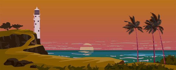 Lighthouse tower, beacon on tropical seashore ocean sunset