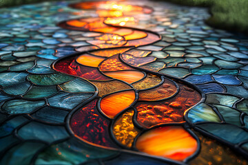 stained glass window with a river in the background using the Leadlight technique
