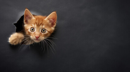 Cute kitten sticking its head out of the hole in black paper background