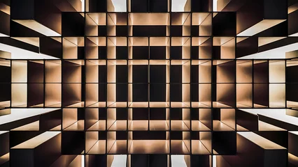 Fotobehang A geometric abstract background showcasing an array of rectangular shapes in contrasting tones, arranged in a grid-like formation. © Gilang
