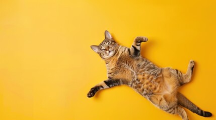 Cute cat lounging confidently, highlighted by a vivid light yellow background