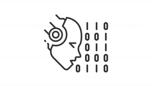 AI codes line animation. Animated robotic head and binary digits icon. AI powered technology. Machine learning. Black illustration on white background. HD video with alpha channel. Motion graphic